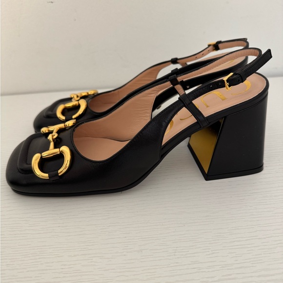 GUCCI Baby Horsebit Slingback Leather Pump Black Gold EU 36 Authentic Shoes - Picture 6 of 11